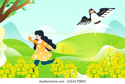 Kid flying a kite outdoors in spring with mountains and plants in the background, vector illustration