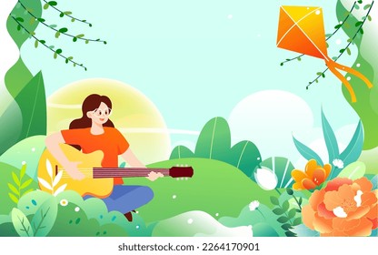 Kid flying a kite outdoors in spring with mountains and plants in the background, vector illustration