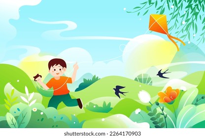 Kid flying a kite outdoors in spring with mountains and plants in the background, vector illustration