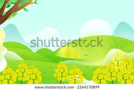 Kid flying a kite outdoors in spring with mountains and plants in the background, vector illustration