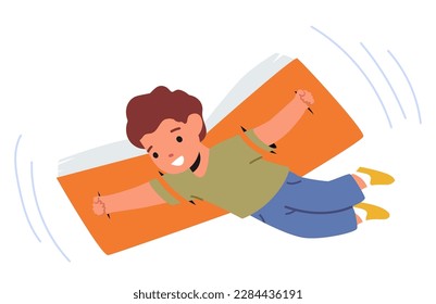 Kid Flying On A Huge Book Wings, Soaring High Above The Clouds With A Look Of Wonder On Face. Imagination, Power Of Knowledge, Educational Or Storytelling Theme. Cartoon Vector Illustration