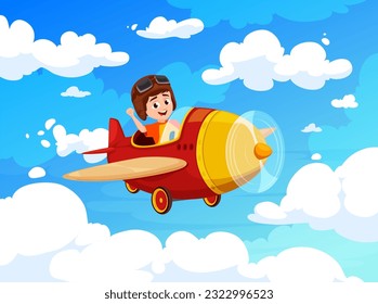 Kid flying on plane in blue cloudy sky. Cartoon child pilot on airplane. Adventurous boy soaring through the fluffy clouds, filled with excitement and wonder. Vector smiling aviator aircraft travel