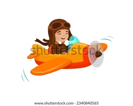 Kid flying on plane, cartoon pilot character on airplane or boy aviator, isolated vector. Child fly on plane or travel in toy aircraft with propeller in sky with aviator goggles and happy smiling Stock photo © 
