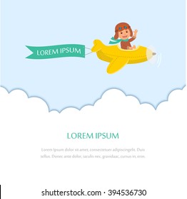 Kid flying on a plane with a ribbon for a message. Design template for greeting card or poster. Congratulations to the newborn.