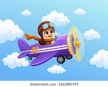 Kid flying on plane in sky clouds. Boy pilot on airplane. Cartoon vector smiling child aviator engage on aircraft travel. soaring through the cloudscape, filled with adventurous excitement and wonder