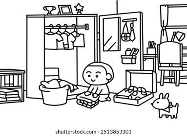 Kid folding cloths in bedroom coloring pages style.