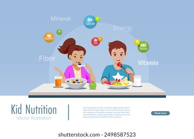 Kid food and nutrition. Boy and girl eat healthy breakfast at table with proper nutrition for children. Daily nutrition and health care for kid. Vector.