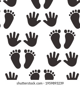 Kid footprint and handprint vector seamless pattern. Little cute steps, black silhouettes isolated on white background. Fun illustration