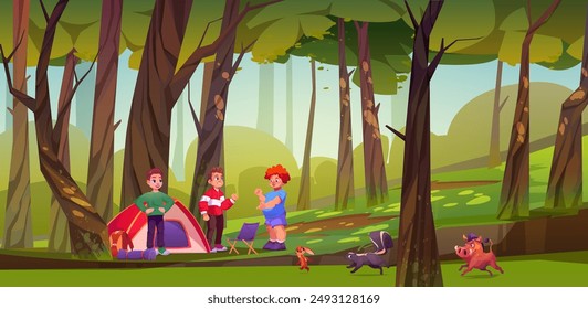 Kid in forest camp tent with animal and friends cartoon adventure illustration. Outdoor summer activity for boy group with running bunny, wild hog and skunk. Children discussion wildlife layout