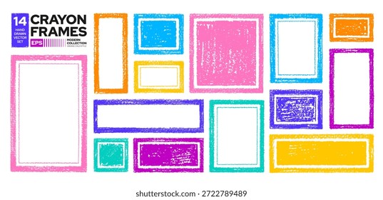 Kid frame. Child crayon text box. Children frame. Crayon shape bg. Square and rectangle border. Doodle hand drawn pastel color background. Pencil texture textbox vector. Text block. Brush paint border