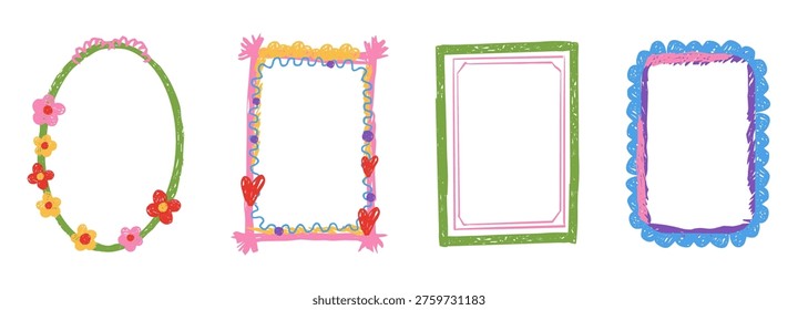 Kid frame crayon box, textured whimsical wax pen border set. Playful frames for kids kindergarten, preschool, school designs, text areas and creative layouts.