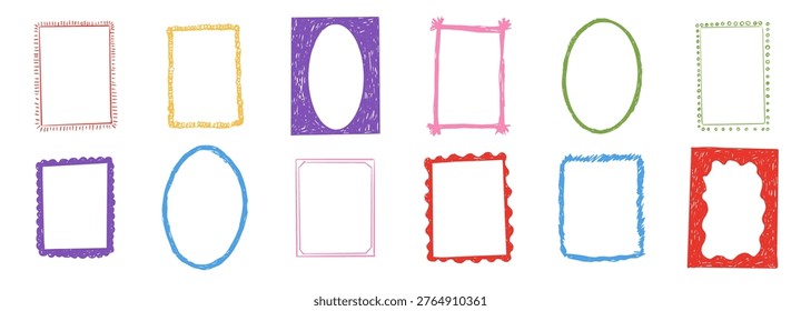 Kid frame crayon box, textured whimsical wax pen border set. Playful frames for kids kindergarten, preschool, school designs, text areas and creative layouts.