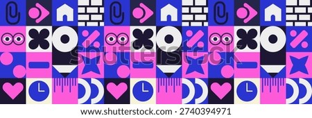 Kid friendly geometry mosaic with colorful pencil and education pattern. Educational workbook covers with playful school mosaic geometry illustrations.