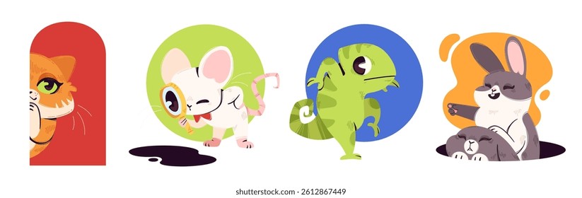 Kid friendly peeking animal characters set - curious cat, mouse with magnifying glass, sneaking chameleon, rabbit peeping from hole and pointing with index finger. Cute funny cartoon childish mascots