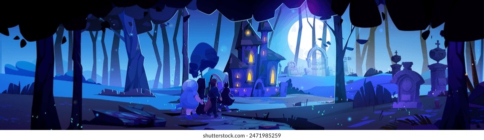 Kid friends in Halloween carnival costumes going to spooky house with light in windows near graveyard at night. Cartoon vector scary holiday landscape with building and cemetery under full moon.