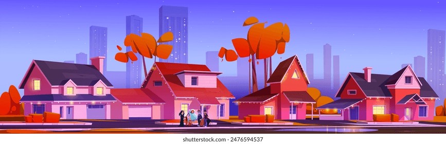 Kid friends in Halloween carnival costumes walking suburban street. Cartoon vector autumn holiday cityscape with decorated houses and cute children dressed as ghost, death, bat and frankenstein.