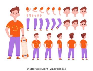 Kid front animation. Boy character infographic constructor, construction parts back action poses, little face body game kit, cartoon vector. Illustration of child customization and construction