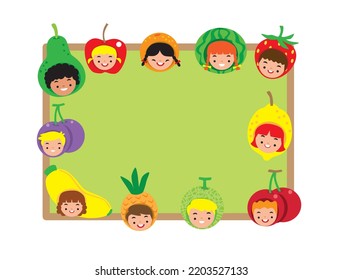 kid and fruit on blackboard