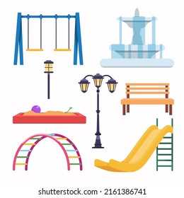 Kid fun kit Playground in public park with equipment for recreation, City playpark architecture. Vector flat style cartoon illustration 