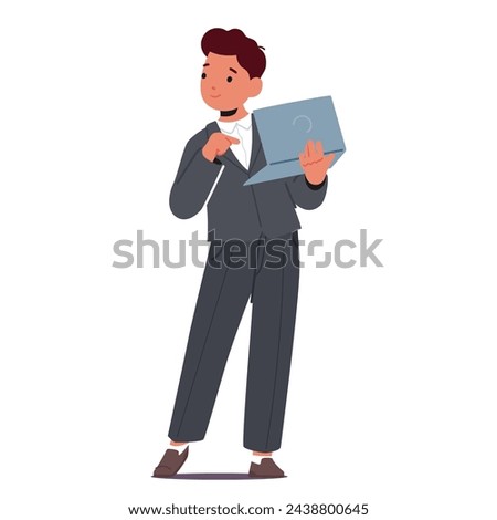 Kid Future Profession Concept. Boy Businessman Holding Laptop Isolated on White Background. Little Child Character in Formal Suit Managing his Business Startup. Cartoon People Vector Illustration