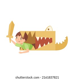 Kid game in cardboard box costume. Vector illustration of playing creative girls and boys. Cartoon cute child isolated on white