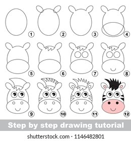 Kid game to develop drawing skill with easy gaming level for preschool kids, drawing educational tutorial for Zebra Horse Face