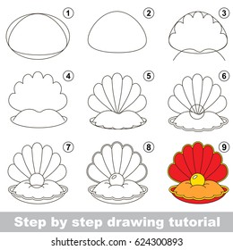 Kid game to develop drawing skill with easy gaming level for preschool kids, drawing educational tutorial for Red oyster and pearl