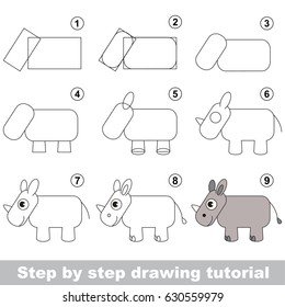 Kid game to develop drawing skill with easy gaming level for preschool kids, drawing educational tutorial for Rhino