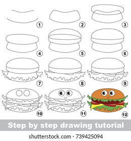 Kid game to develop drawing skill with easy gaming level for preschool kids, drawing educational tutorial for Fast Food Hamburger