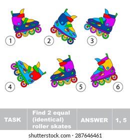 Kid Game. Find Two Equal Identical Roller Skates. Task And Answer. Kid Game For Children. Find Hidden Object. Compare And Find Same Objects. 