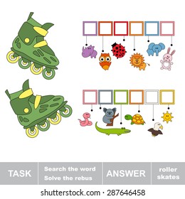 Kid game. Search the words "roller skates". Find hidden word. Task and answer. Game for children.