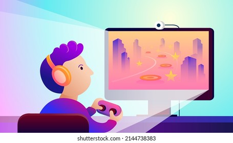 Boy play game on gaming PC online. Stock Photo