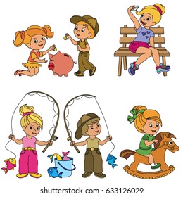 Kid games elements set, collection of coloring book template, the group of outline digital elements vector illustration, kid game page.