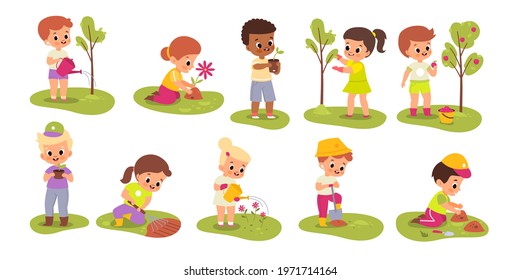 Kid gardener. Children work in garden. Babies watering trees and picking apple harvest. Boys planting seedlings. Girls taking care of flowers. Vector scenes set with pupils growing plants