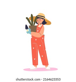 Kid gardener, florist. Small girl child in red overalls holding plant in flowerpot work as landscape designer. Children and different professional occupation concept. Cartoon flat vector illustration