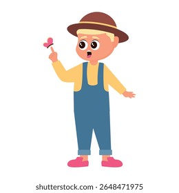 Kid gardening pose children flat design cartoon illustration available for children book, story book, asset design, banner, web.