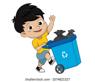 kid gathering garbage and plastic waste for recycling.vector and illustration.