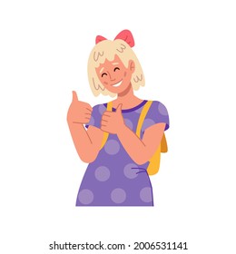 Los niños haciendo gestos y sonriendo mostrando los pulgares hacia arriba, personal femenino aislado aprobando o recomendando. Niña o niño en edad escolar, gesto positivo y signo. Vector de carácter de caricatura de estilo plano
