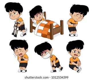 Kid get sick,He has high temparature,tootache,stomachache,knee injury,leg injury.Vector and illustration. 