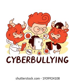 Kid Getting Bullied. Cyberbullying Quote. Vector Cartoon Character Flat Line Illustration. Isolated On White Background. Bullying At School, Cyberbullying Poster Concept