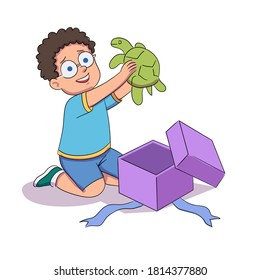 Kid getting pet for birthday present. Little boy receiveing turtle as gift from parents. Cute turtle brings joy and happiness on holiday. Realistic congatulation from family vector illustration.