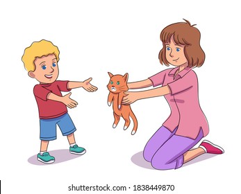 Kid getting pet for birthday present. Little boy receiveing kitten as gift from mom. Cute cat brings joy and happiness on holiday. Realistic congatulation from parents vector illustration.