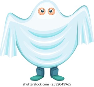 Kid in ghost costume. Halloween party cartoon mascot