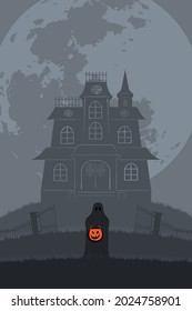 Kid in ghost costume holding Jack o Lantern bucket standing in front of a house on full moon night, Halloween concept Flat illustration vector.