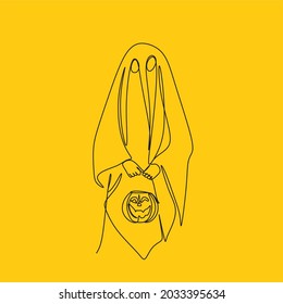 chico con disfraz fantasma en línea de fondo amarilla. ¡Feliz Halloween!  