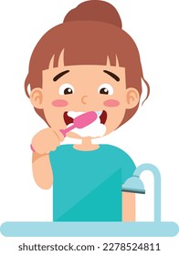 kid girl brushing teeth vector illustration