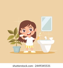 Ilustración vectorial de cepillado de dientes de niña