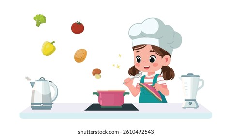 kid girl cartoon is cooking vector illustration flat design