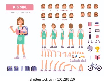 Kid Girl Character Constructor For Animation. Front, Side And Back View. Flat  Cartoon Style Vector Illustration Isolated On White Background.  
