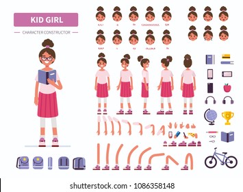 
Kid Girl Character Constructor For Animation. Front, Side And Back View. Flat  Cartoon Style Vector Illustration Isolated On White Background.  